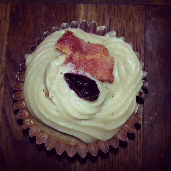 Vanilla-Blueberry-Bacon Cupcakes with Caramel Icing and Blueberry Compote